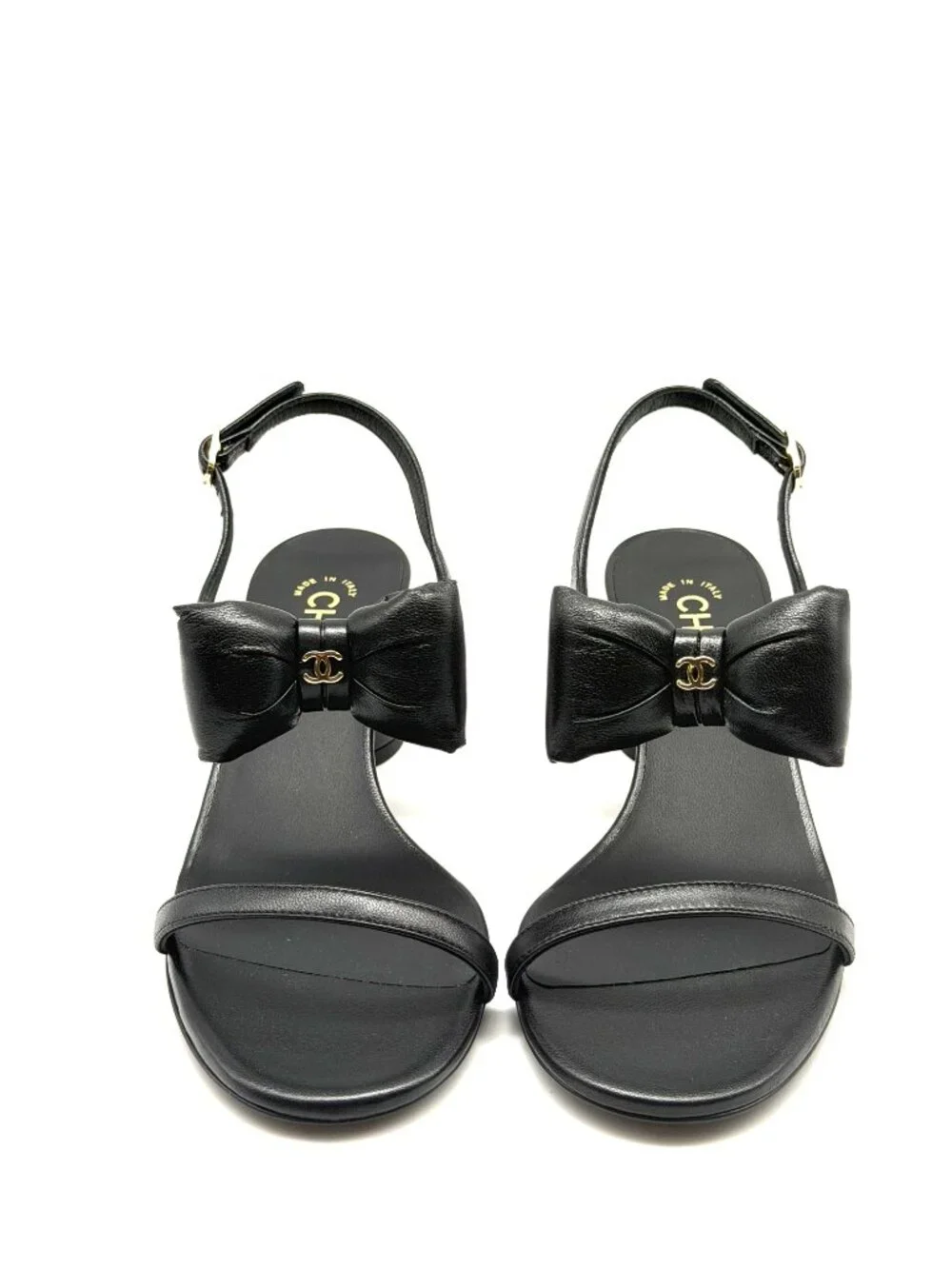 CHANEL 25P Lambskin Leather CC Bow Ankle Strap Sandals Block Heels Shoes - Picture 7 of 16